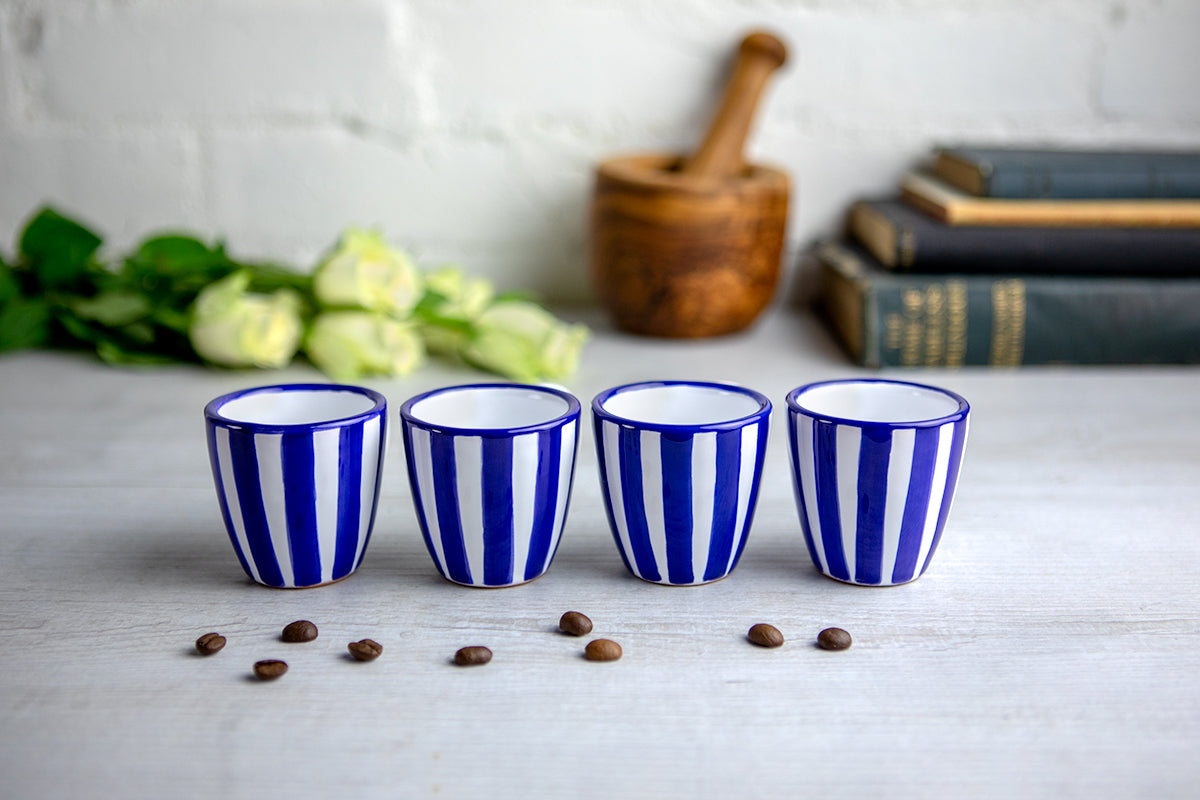 Dark Navy Blue Striped Designer Handmade Hand Painted Unique Ceramic 2oz-60ml Espresso Coffee Cup Set of 4