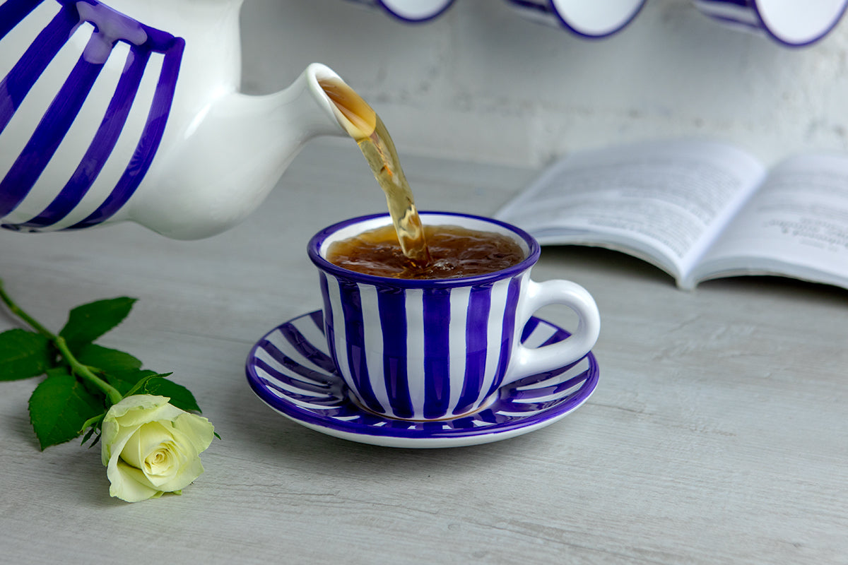 Dark Navy Blue Striped Designer Handmade Hand Painted Ceramic 9oz-250ml Cappuccino Coffee Tea Cup with Saucer