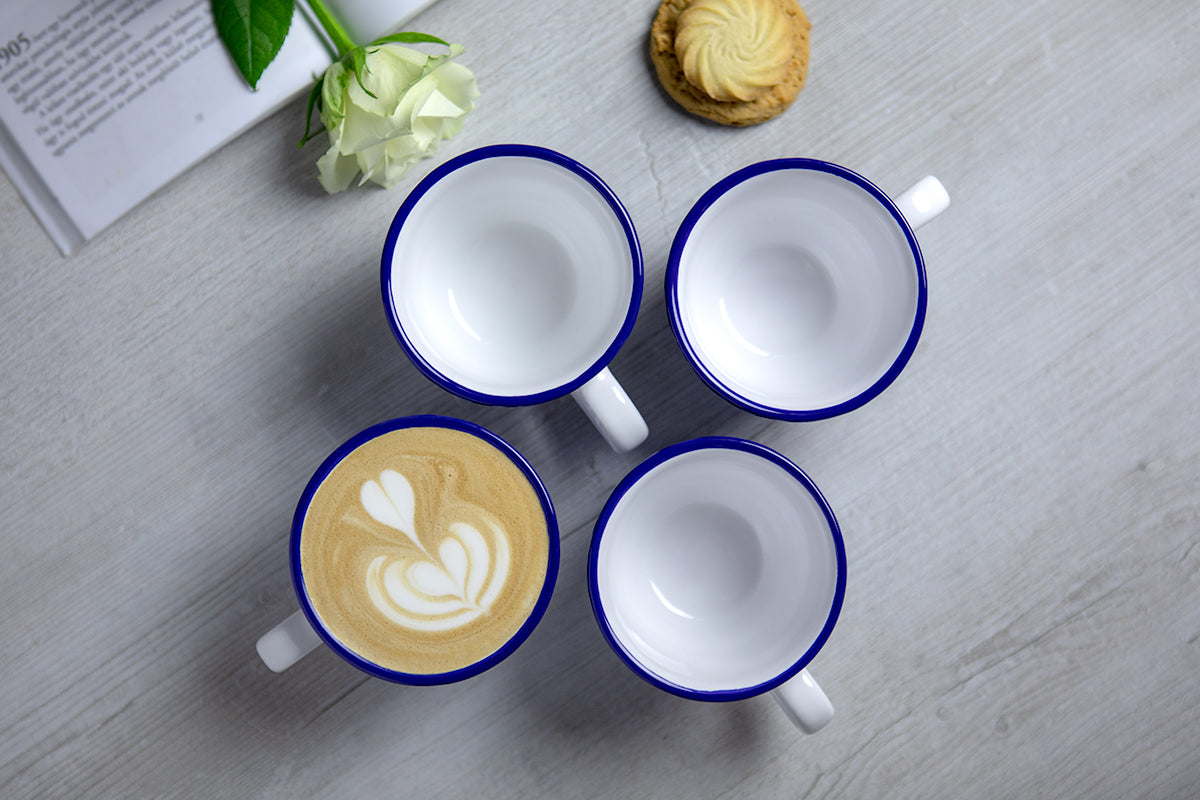 Dark Navy Blue Striped Designer Handmade Hand Painted Ceramic 9oz-250ml Cappuccino Coffee Tea Cup with Saucer