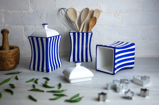 Dark Navy Blue Stripe Pottery Handmade Hand Painted Large Ceramic Kitchen Storage Jar Set Canister Set - Same Size Jars