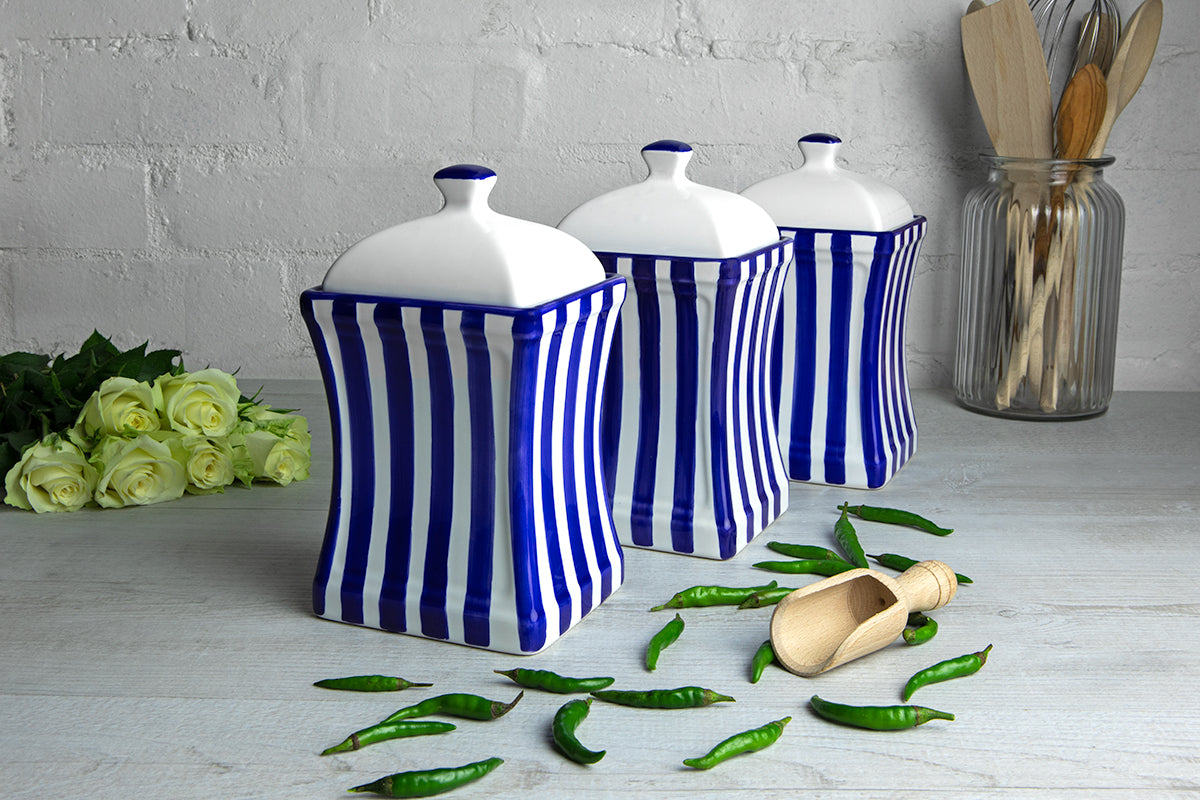 Dark Navy Blue Stripe Pottery Handmade Hand Painted Large Ceramic Kitchen Storage Jar Set Canister Set - Same Size Jars