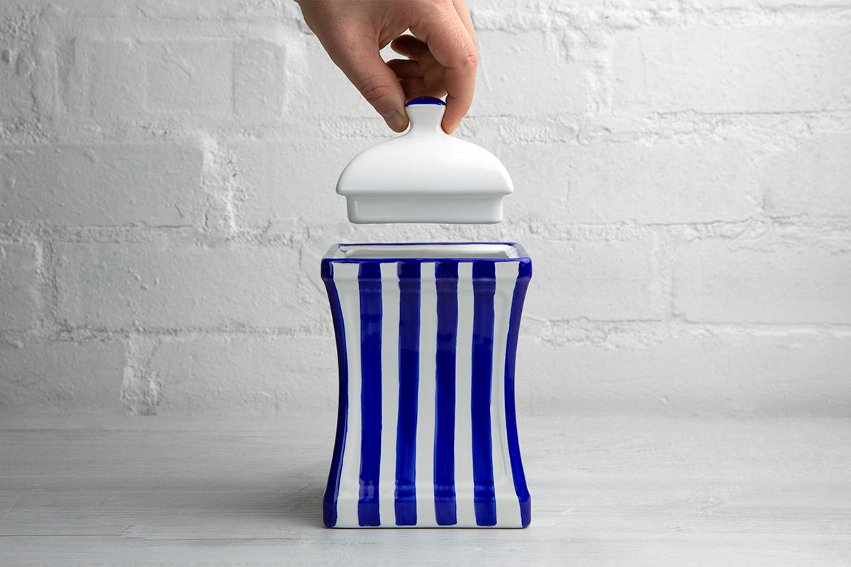 Dark Navy Blue Stripe Pottery Handmade Hand Painted Large Ceramic Kitchen Storage Jar Set Canister Set - Same Size Jars