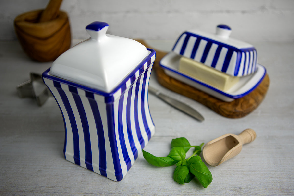 Dark Navy Blue Stripe Pottery Handmade Hand Painted Large Ceramic Kitchen Storage Jar Set Canister Set - Same Size Jars
