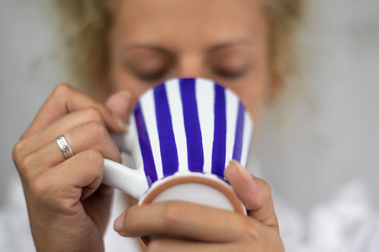 Dark Navy Blue Striped Handmade Hand Painted Ceramic Coffee Tea Latte Mug with Large Handle 8 oz - 220 ml