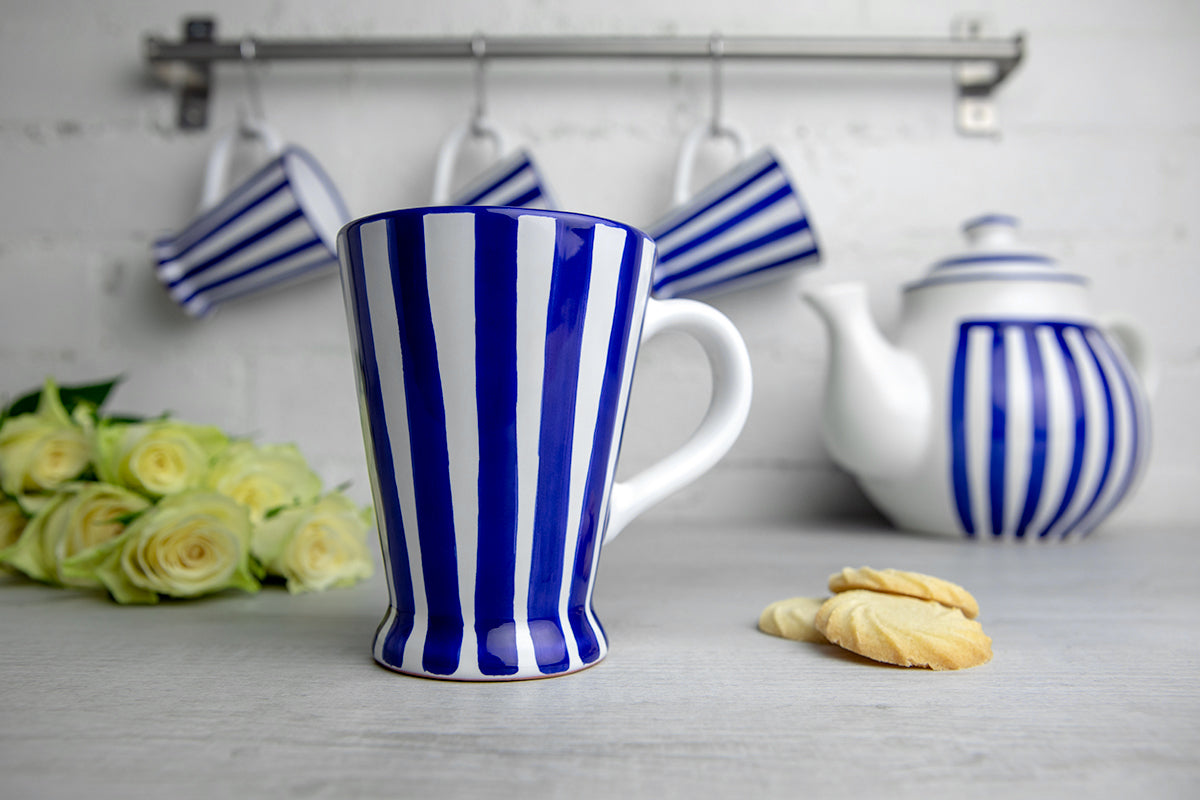 Dark Navy Blue Striped Handmade Hand Painted Ceramic Coffee Tea Latte Mug with Large Handle 8 oz - 220 ml