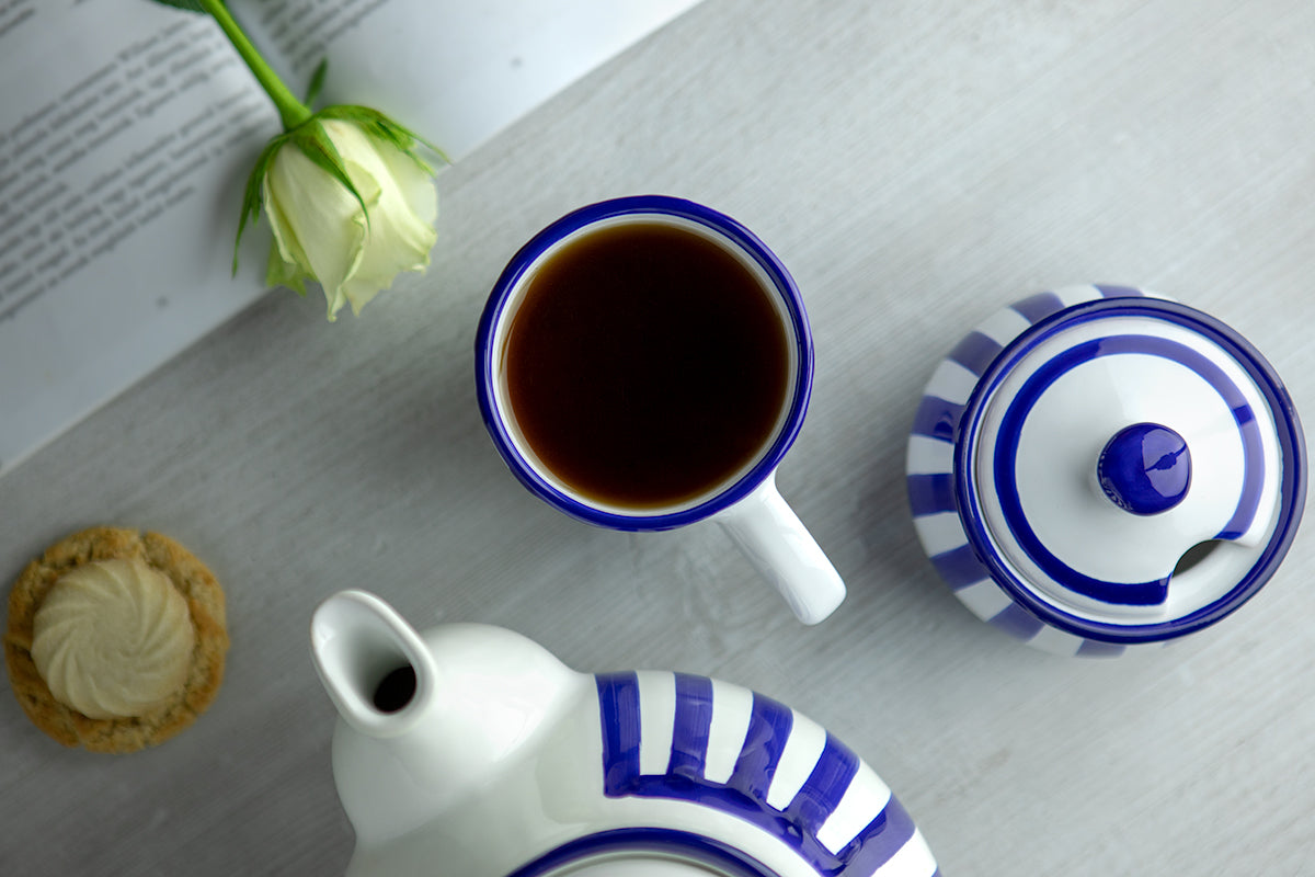 Dark Navy Blue Striped Handmade Hand Painted Ceramic Coffee Tea Latte Mug with Large Handle 8 oz - 220 ml