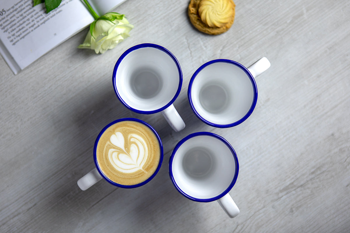 Dark Navy Blue Striped Handmade Hand Painted Ceramic Coffee Tea Latte Mug with Large Handle 8 oz - 220 ml