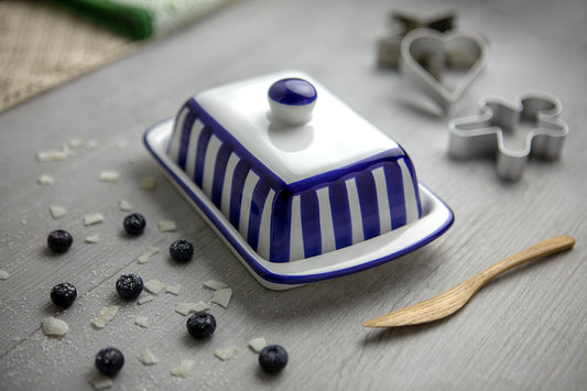 Dark Navy Blue Striped Handmade Hand Painted Ceramic Butter Dish With Lid