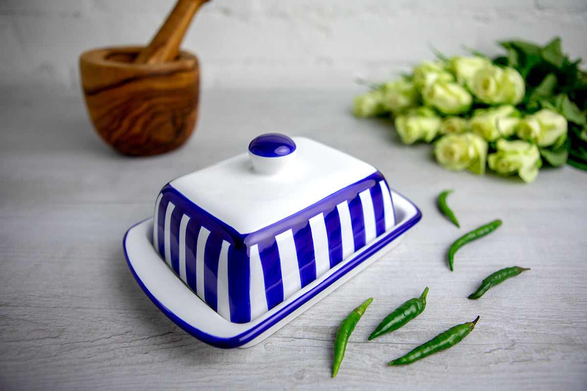 Dark Navy Blue Striped Handmade Hand Painted Ceramic Butter Dish With Lid