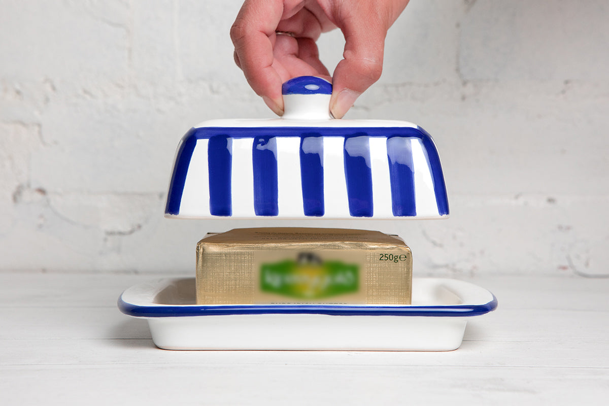Dark Navy Blue Striped Handmade Hand Painted Ceramic Butter Dish With Lid