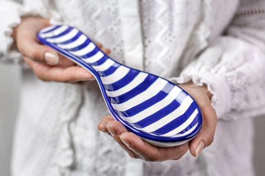 Dark Navy Blue Striped Handmade Hand Painted Ceramic Kitchen Cooking Spoon Rest