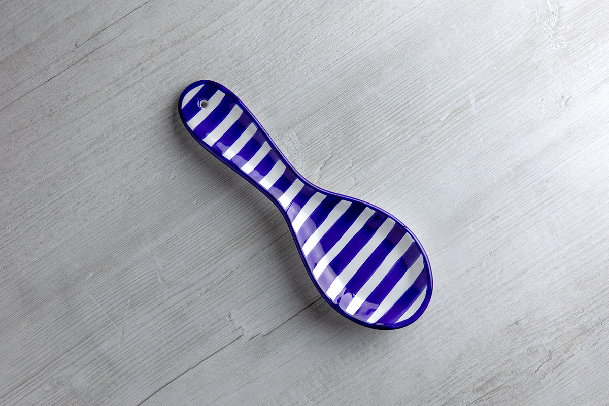 Dark Navy Blue Striped Handmade Hand Painted Ceramic Kitchen Cooking Spoon Rest