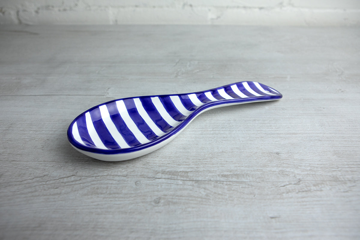 Dark Navy Blue Striped Handmade Hand Painted Ceramic Kitchen Cooking Spoon Rest