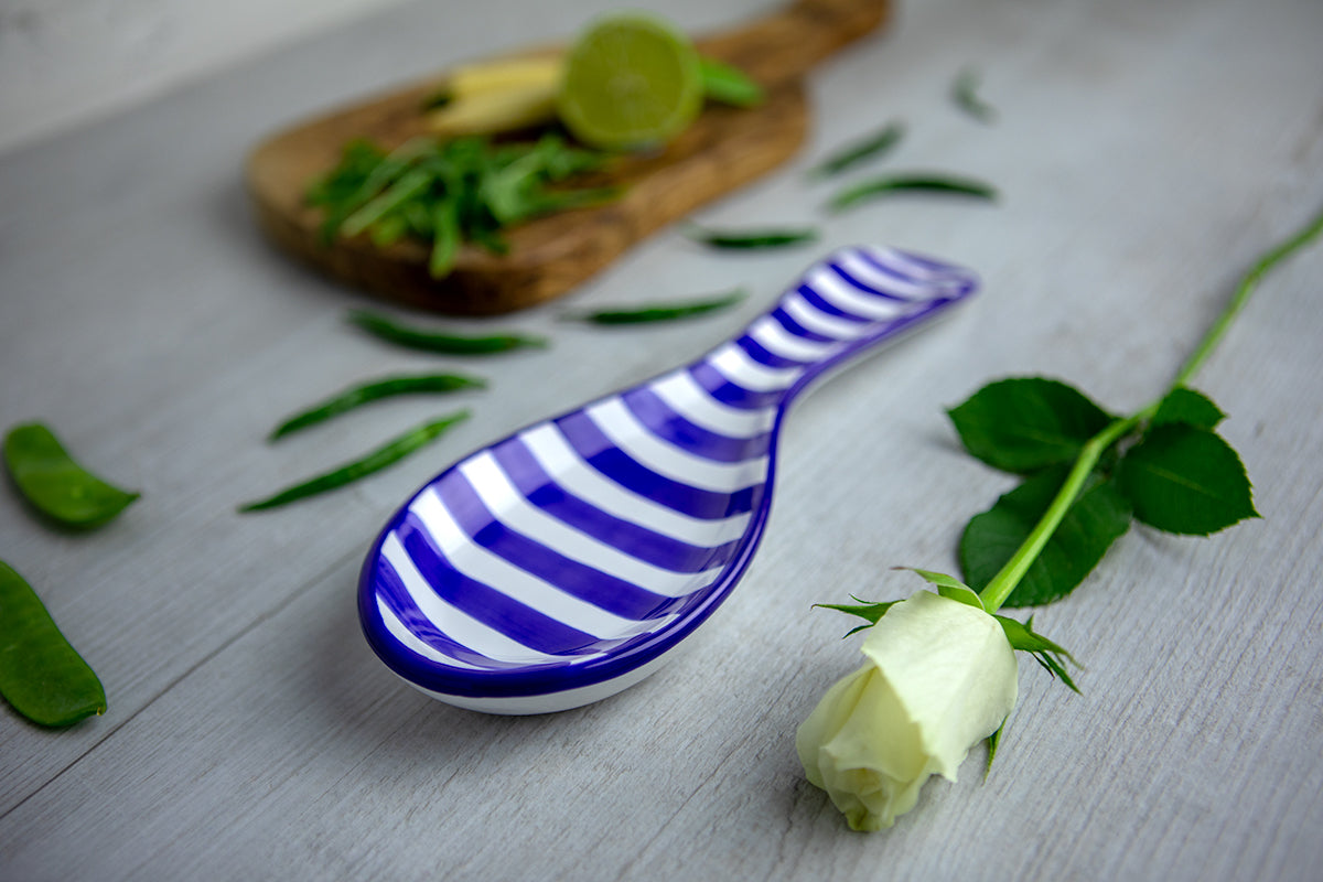 Dark Navy Blue Striped Handmade Hand Painted Ceramic Kitchen Cooking Spoon Rest