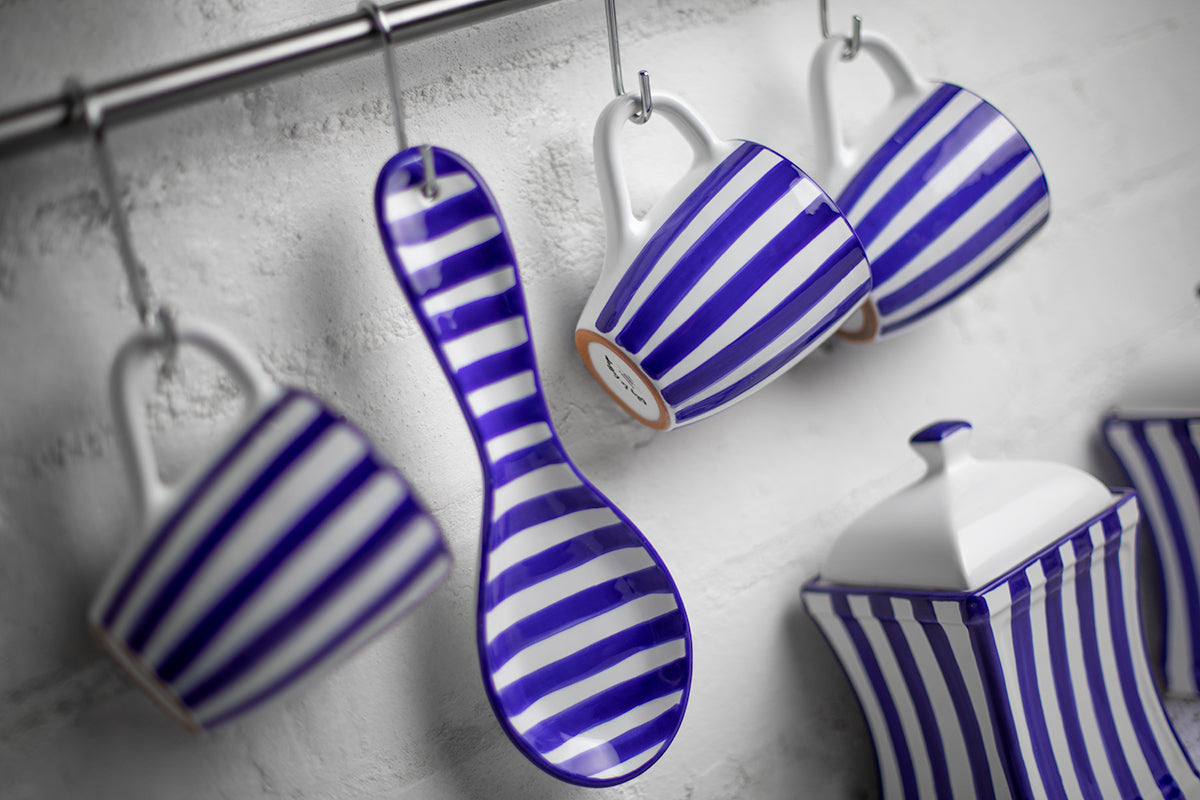 Dark Navy Blue Striped Handmade Hand Painted Ceramic Kitchen Cooking Spoon Rest