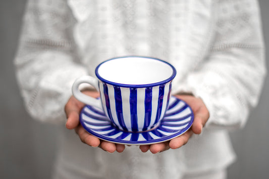 Dark Navy Blue Striped Handmade Hand Painted Large Unique Ceramic 12oz-350ml Cappuccino Coffee Tea Cup with Saucer