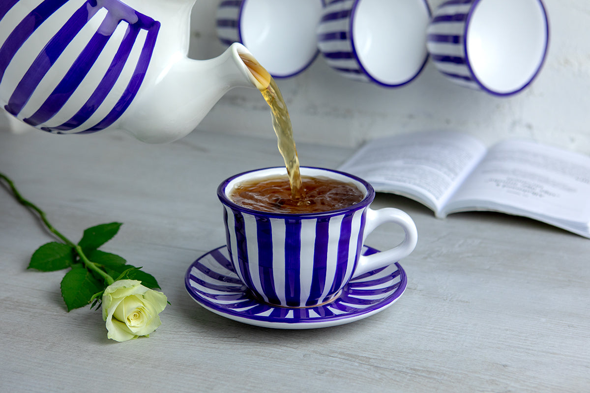 Dark Navy Blue Striped Handmade Hand Painted Large Unique Ceramic 12oz-350ml Cappuccino Coffee Tea Cup with Saucer