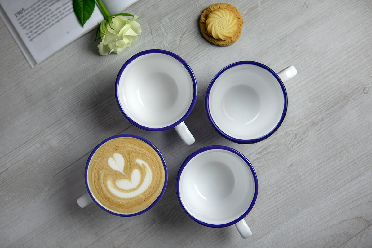 Dark Navy Blue Striped Handmade Hand Painted Large Unique Ceramic 12oz-350ml Cappuccino Coffee Tea Cup with Saucer