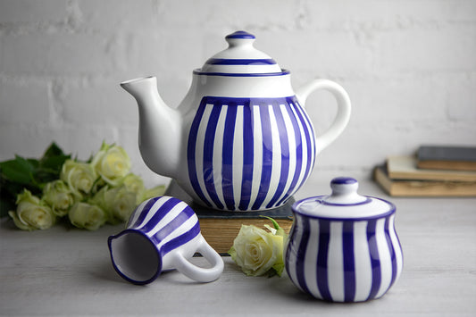 Dark Navy Blue Striped Handmade Hand Painted Ceramic Large Teapot Milk Jug Sugar Bowl Set