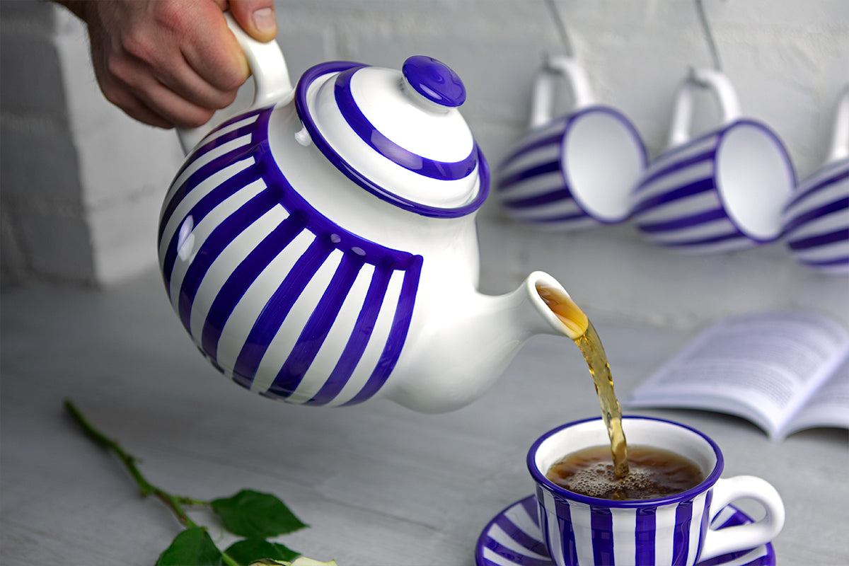 Dark Navy Blue Striped Handmade Hand Painted Ceramic Large Teapot Milk Jug Sugar Bowl Set