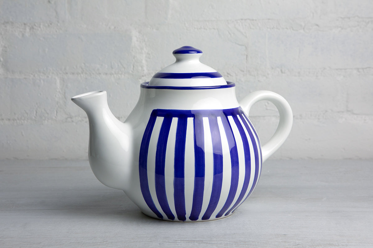 Dark Navy Blue Stripe Large Handmade Hand Painted Ceramic Teapot with Handle 60 oz / 1.7 l