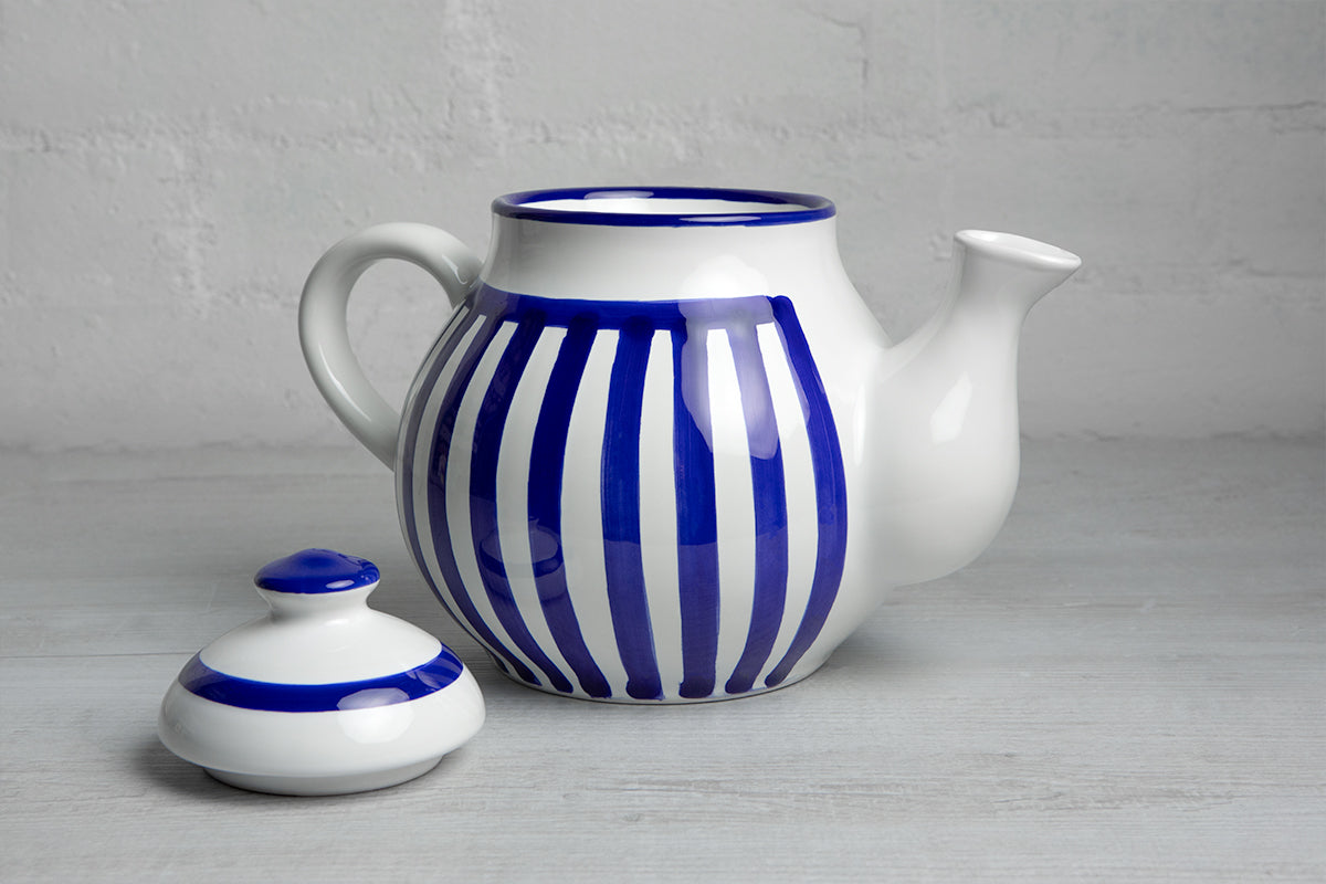 Dark Navy Blue Stripe Large Handmade Hand Painted Ceramic Teapot with Handle 60 oz / 1.7 l