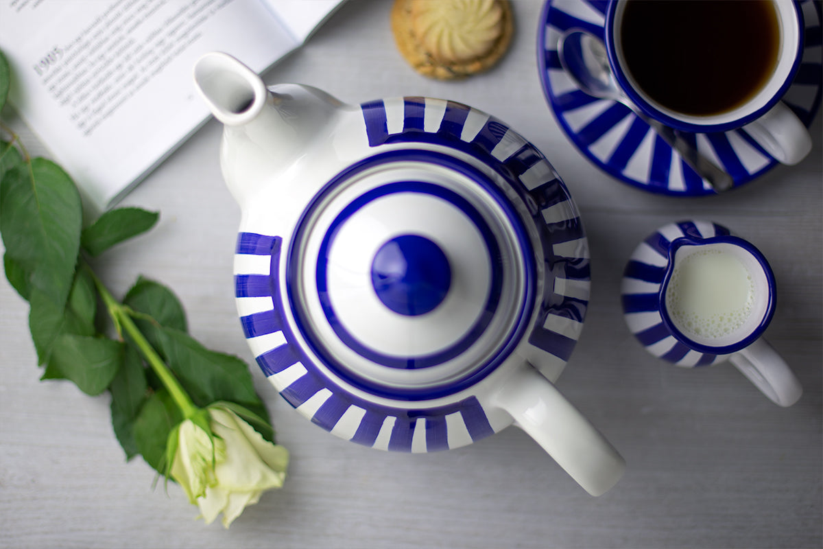 Dark Navy Blue Stripe Large Handmade Hand Painted Ceramic Teapot with Handle 60 oz / 1.7 l