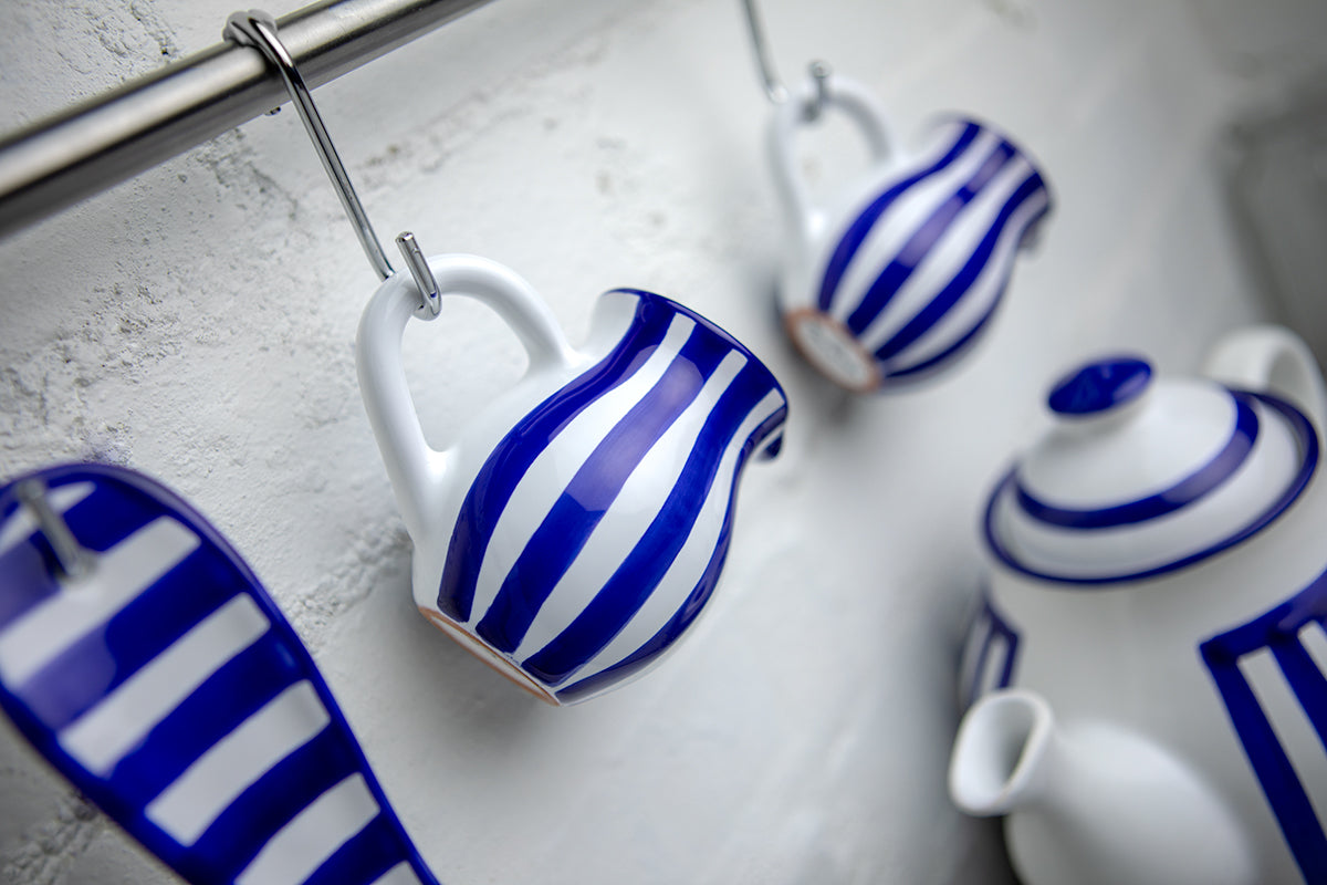 Dark Navy Blue Striped Handmade Hand Painted Ceramic Milk Jug