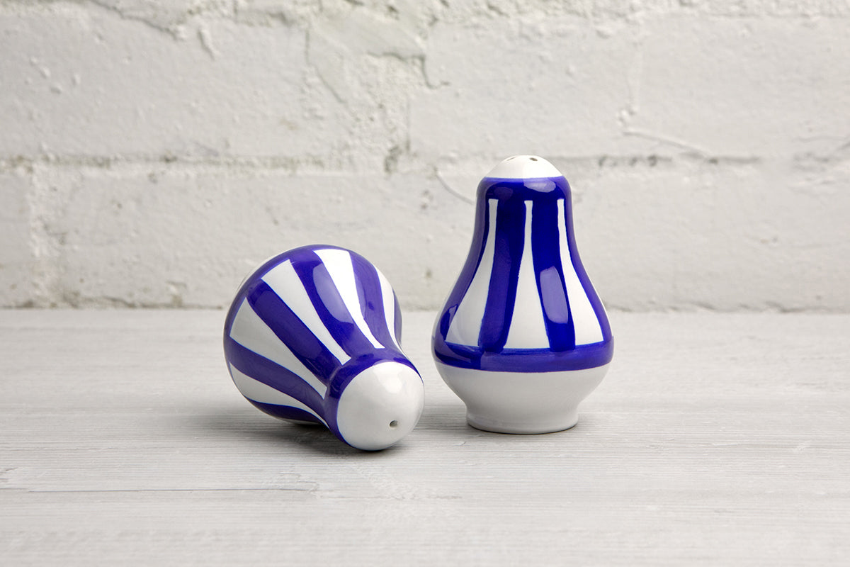Dark Navy Blue Striped Handmade Hand Painted Ceramic Salt and Pepper Shaker Pot