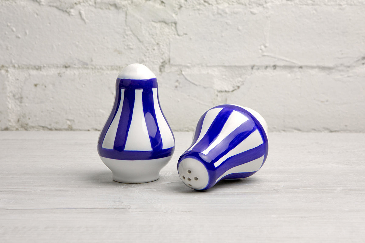 Dark Navy Blue Striped Handmade Hand Painted Ceramic Salt and Pepper Shaker Pot
