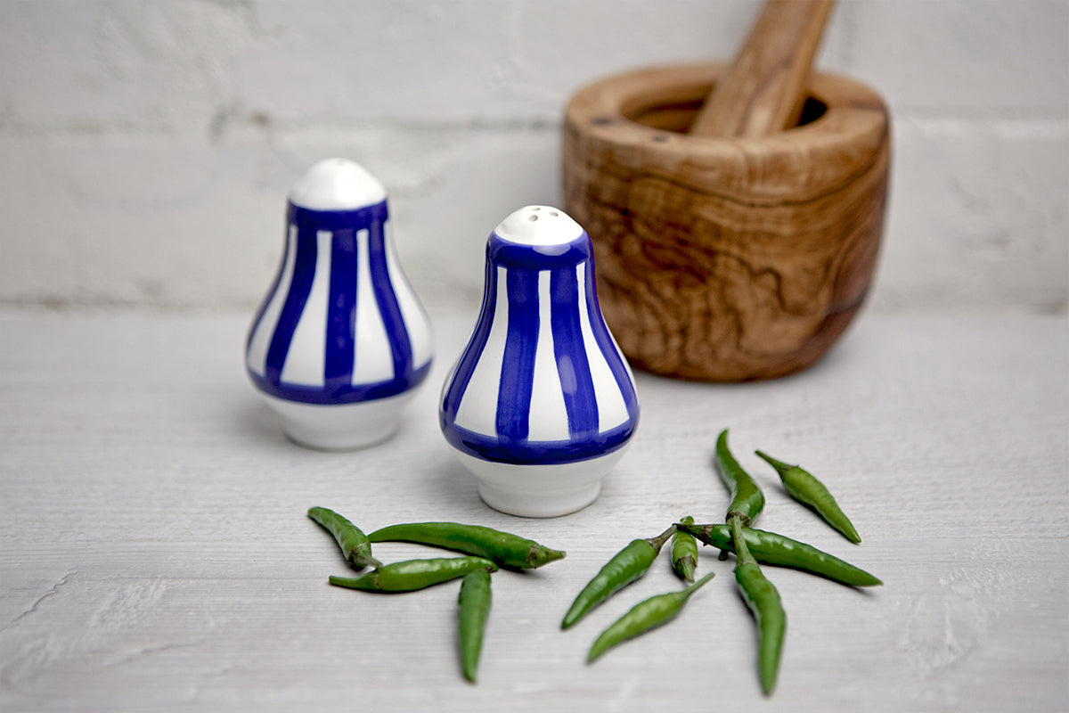 Dark Navy Blue Striped Handmade Hand Painted Ceramic Salt and Pepper Shaker Pot