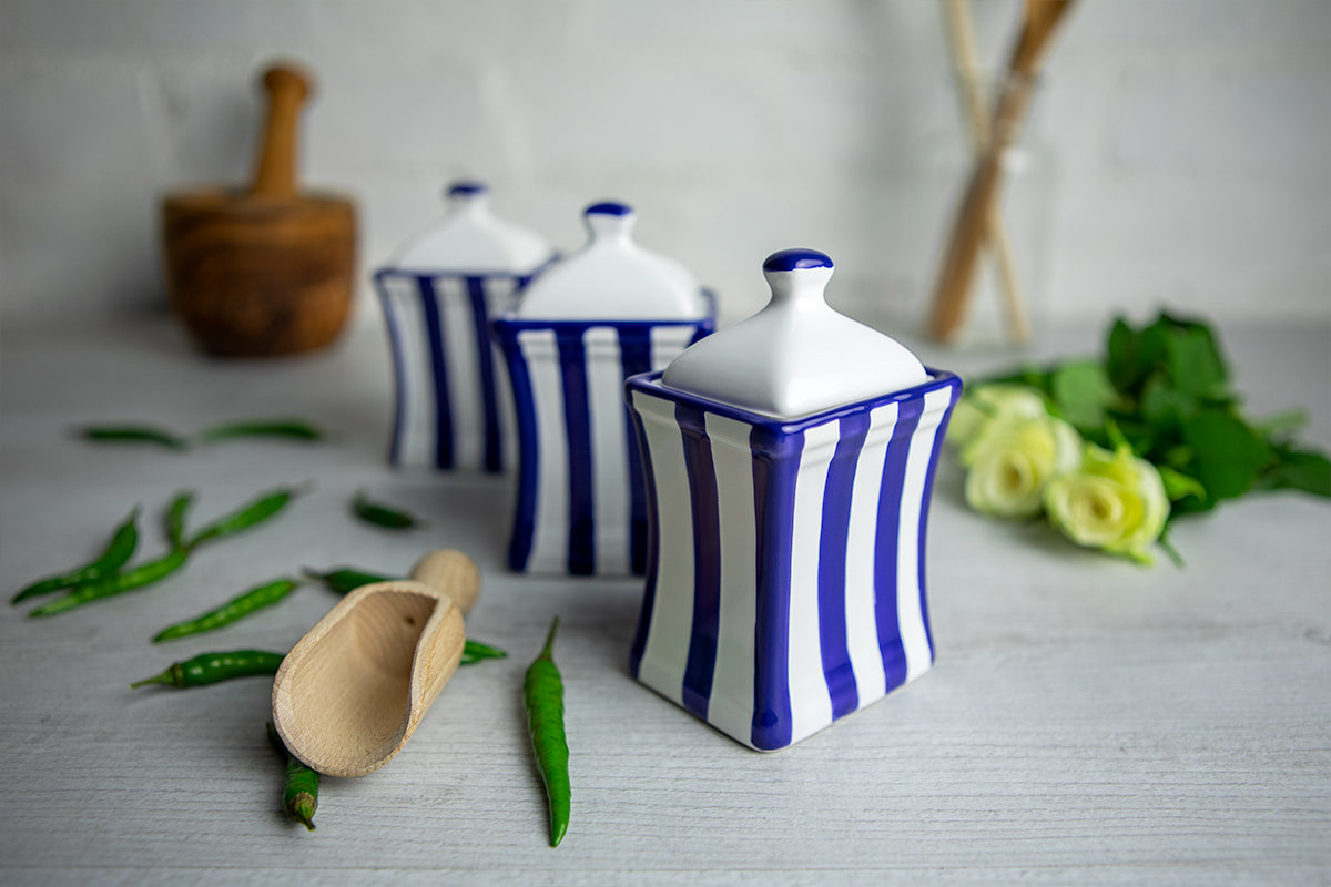 Dark Navy Blue Stripe Pottery Handmade Hand Painted Small Ceramic Kitchen Herb Spice Jars Canister Set - Same Size Jars