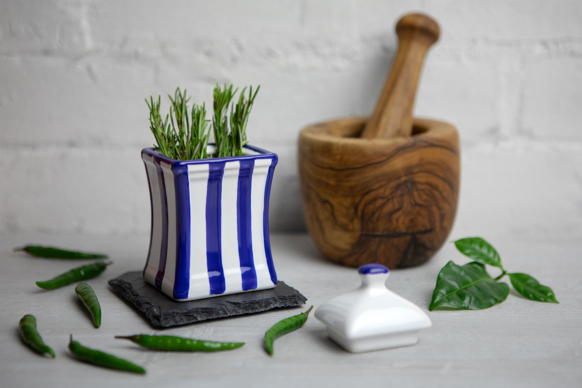 Dark Navy Blue Stripe Pottery Handmade Hand Painted Small Ceramic Kitchen Herb Spice Jars Canister Set - Same Size Jars