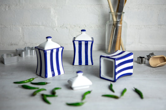 Dark Navy Blue Stripe Pottery Handmade Hand Painted Small Ceramic Kitchen Herb Spice Jars Canister Set - Same Size Jars