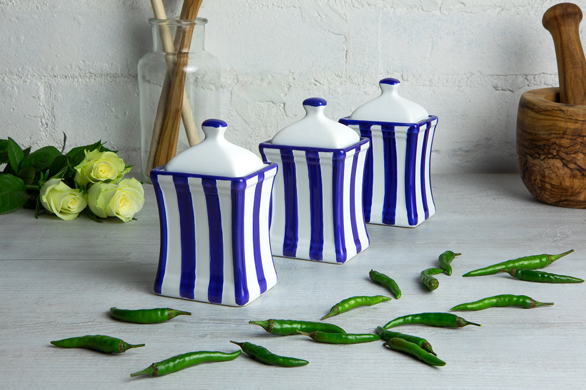 Dark Navy Blue Stripe Pottery Handmade Hand Painted Small Ceramic Kitchen Herb Spice Jars Canister Set - Same Size Jars