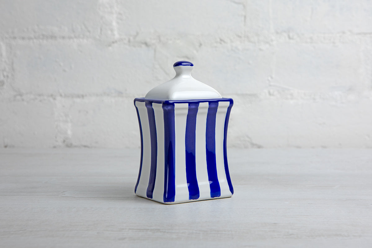 Dark Navy Blue Stripe Pottery Handmade Hand Painted Small Ceramic Kitchen Herb Spice Jars Canister Set - Same Size Jars