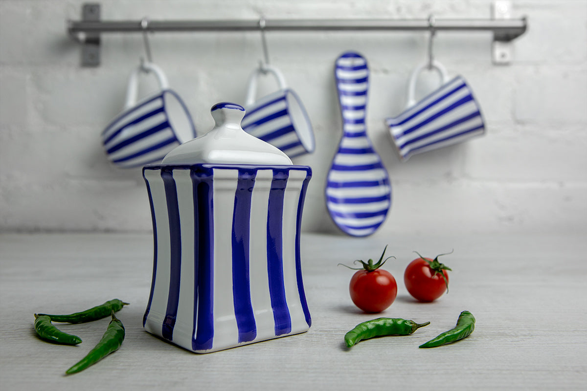 Dark Navy Blue Stripe Pottery Handmade Hand Painted Small Ceramic Kitchen Herb Spice Jars Canister Set - Same Size Jars