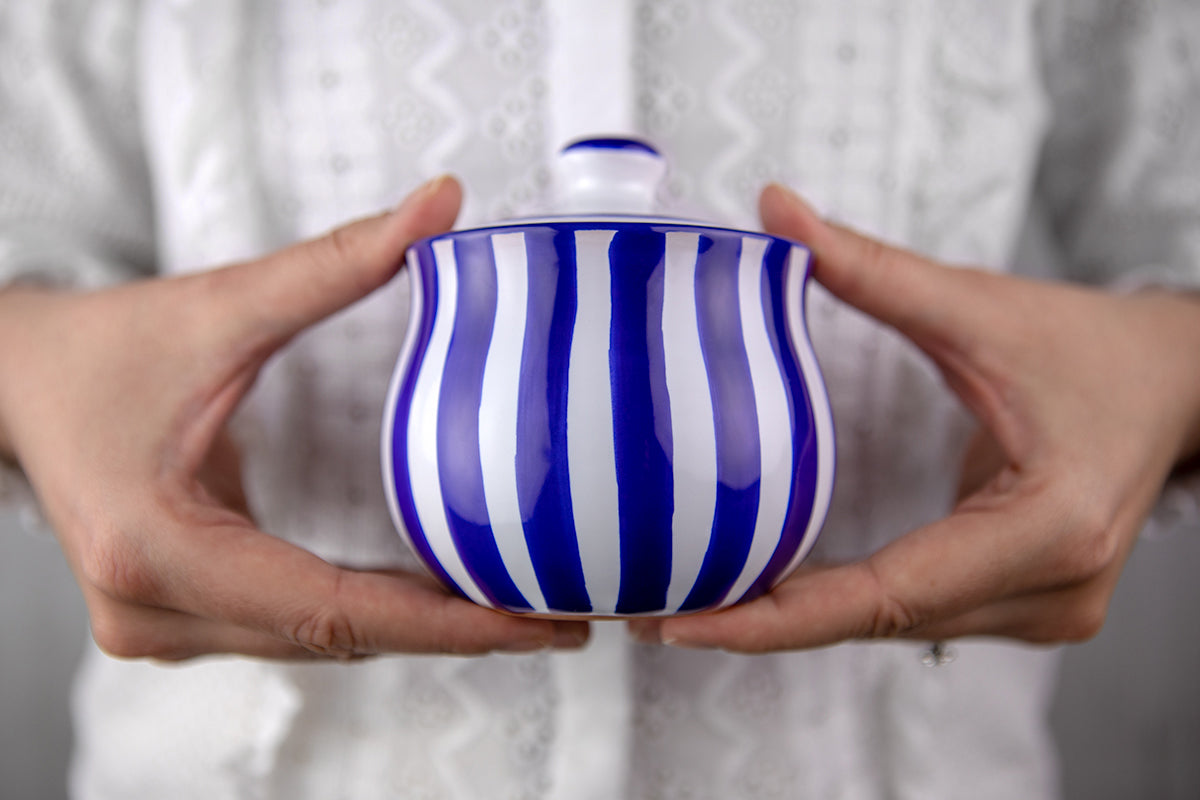 City to Cottage Ceramic Sugar Bowl with Lid, 10oz Sugar Contanier for Coffee Bar, Sugar Dispenser Bowl, Salt - Condiment Pot for Kitchen Counter, Handcrafted Navy Blue Stripe Coastal Sugar Jar