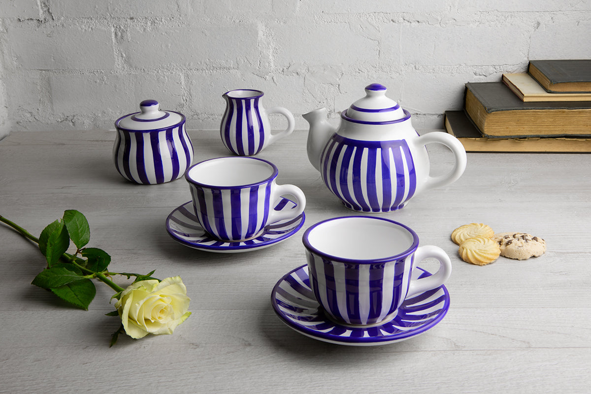 Dark Navy Blue Stripe Pottery Handmade Hand Painted Ceramic Teapot Milk Jug Sugar Bowl Set With Two Cups and Saucers