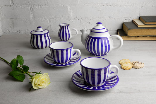 Dark Navy Blue Stripe Pottery Handmade Hand Painted Ceramic Teapot Milk Jug Sugar Bowl Set With Two Cups and Saucers