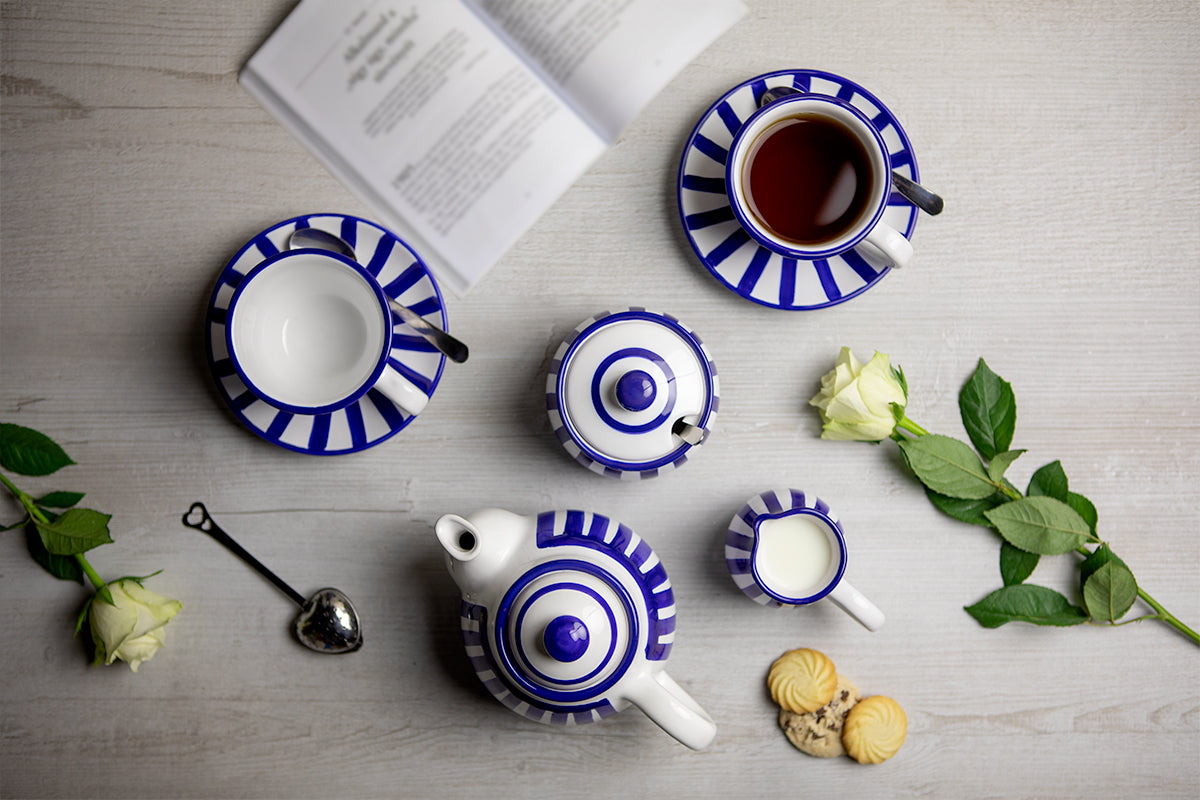 Dark Navy Blue Stripe Pottery Handmade Hand Painted Ceramic Teapot Milk Jug Sugar Bowl Set With Two Cups and Saucers