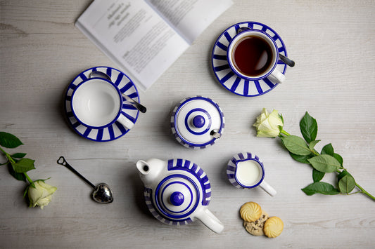 Dark Navy Blue Stripe Pottery Handmade Hand Painted Ceramic Teapot Milk Jug Sugar Bowl Set With Two Cups and Saucers