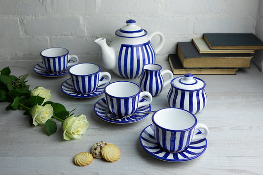 Dark Navy Blue Striped Handmade Hand Painted Ceramic Large Teapot Milk Jug Sugar Bowl Set With 4 Cups and Saucers