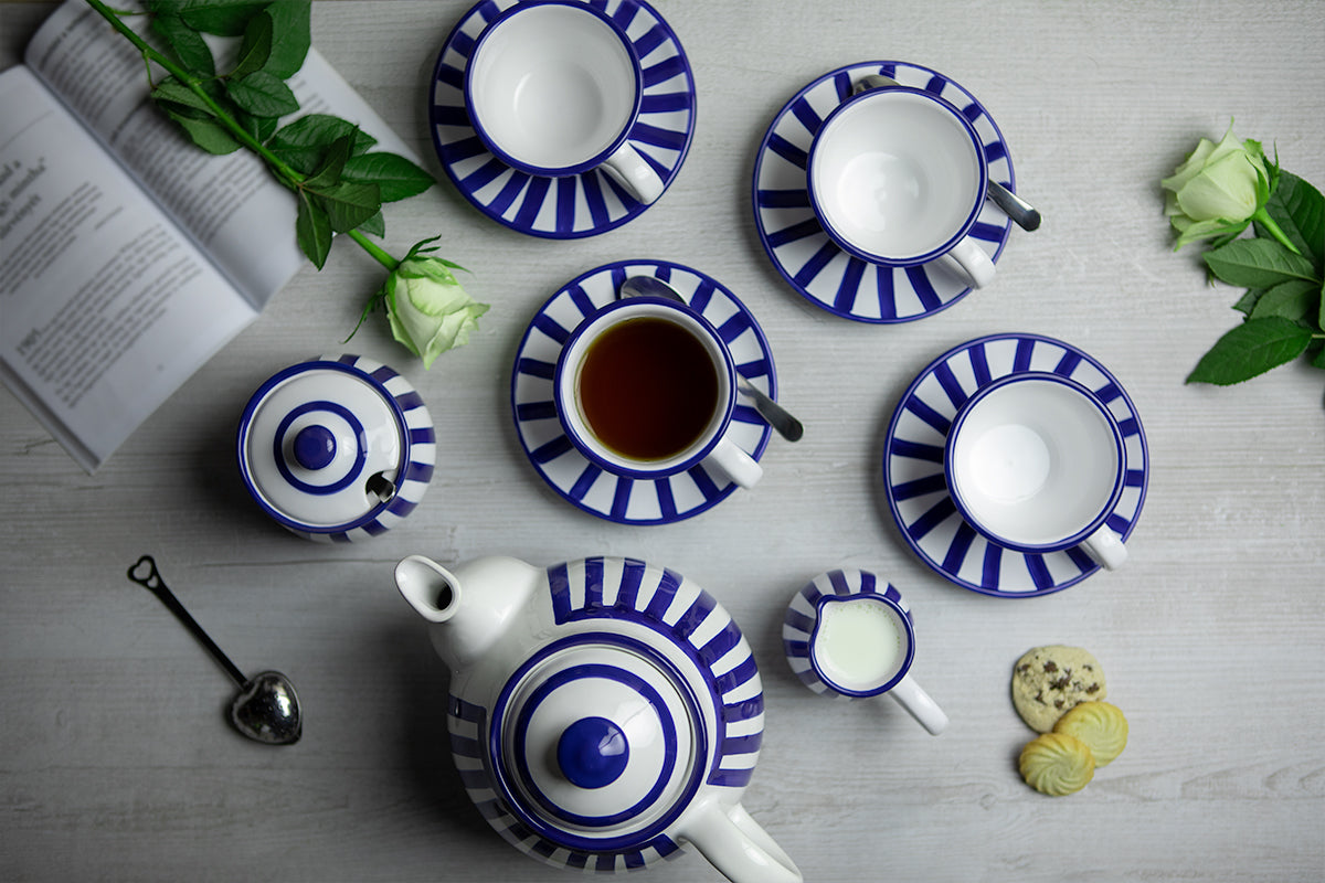 Dark Navy Blue Striped Handmade Hand Painted Ceramic Large Teapot Milk Jug Sugar Bowl Set With 4 Cups and Saucers