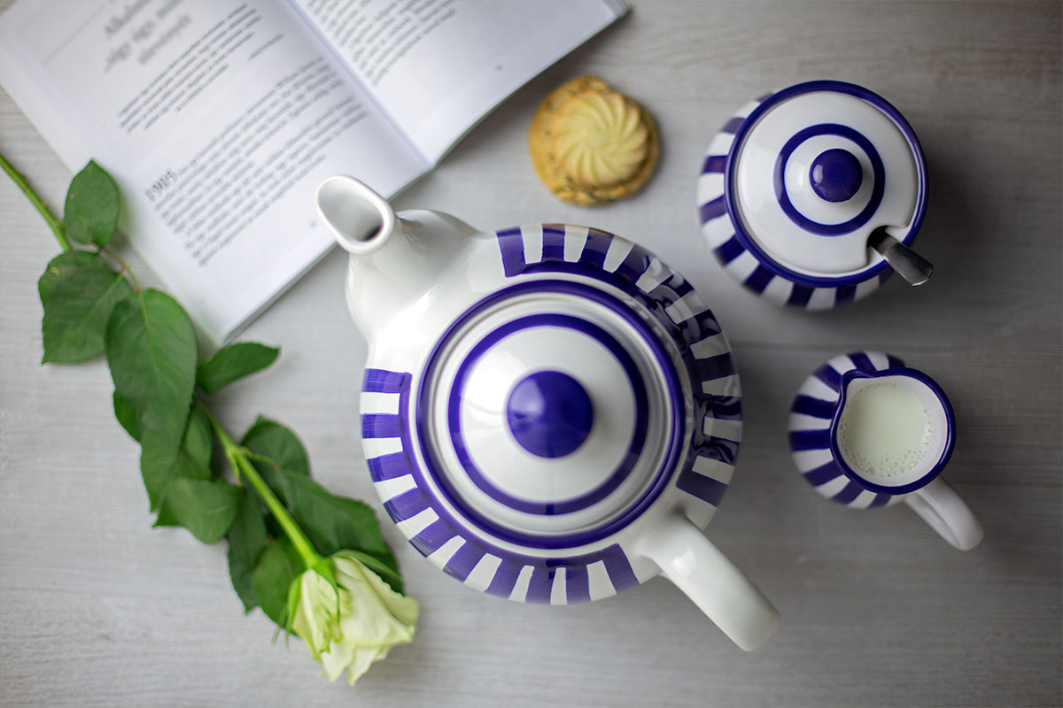 Dark Navy Blue Striped Handmade Hand Painted Ceramic Large Teapot Milk Jug Sugar Bowl Set With 4 Cups and Saucers