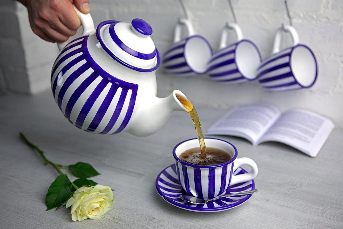 Dark Navy Blue Striped Handmade Hand Painted Ceramic Large Teapot Milk Jug Sugar Bowl Set With 4 Cups and Saucers