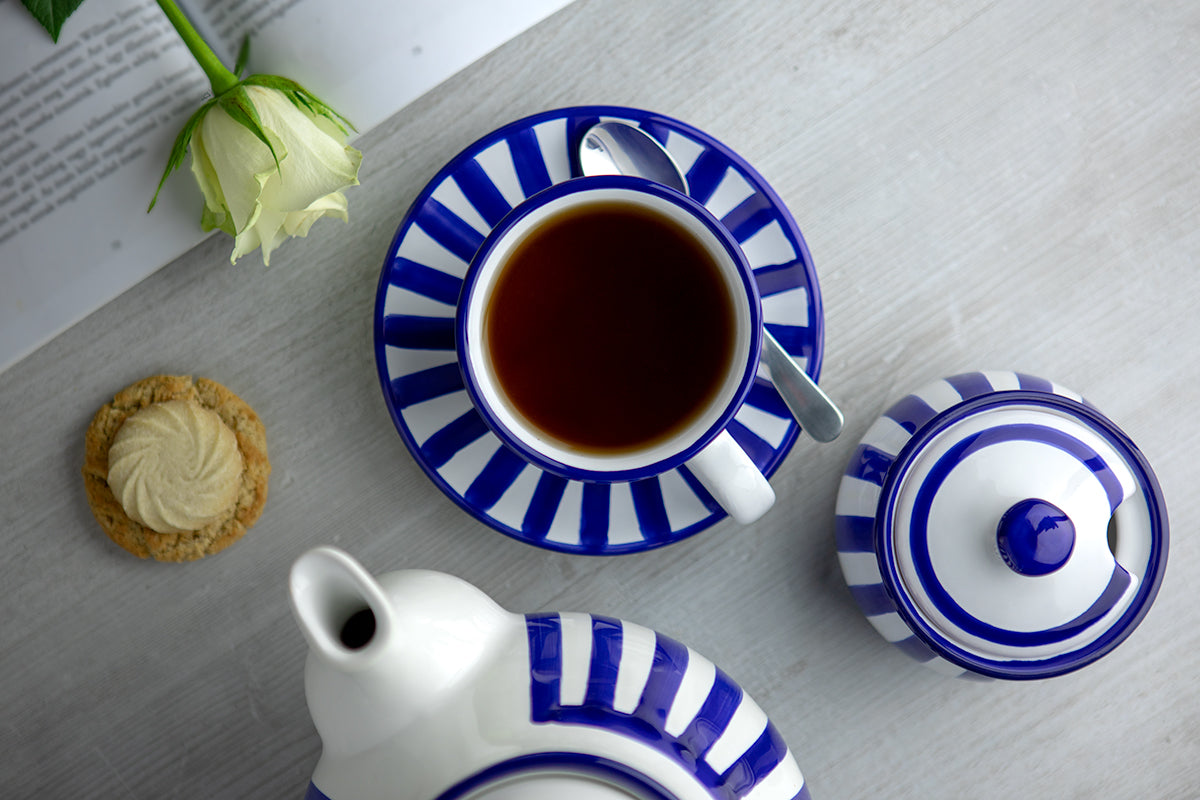 Dark Navy Blue Striped Handmade Hand Painted Ceramic Large Teapot Milk Jug Sugar Bowl Set With 4 Cups and Saucers