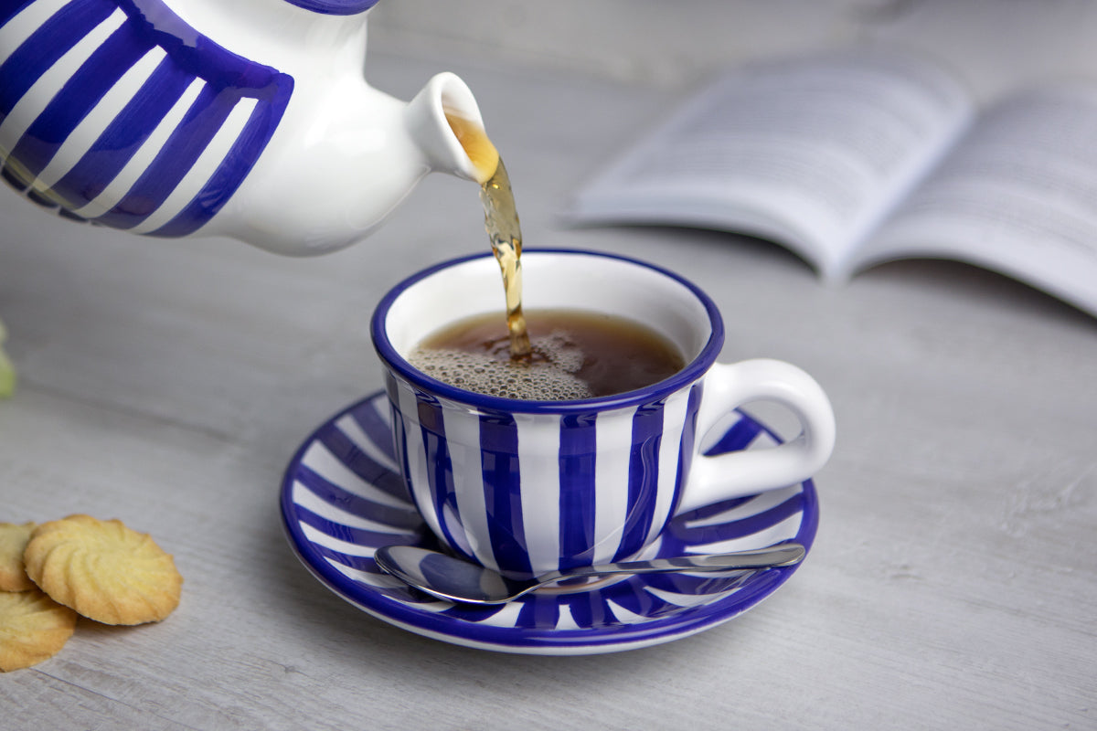 Dark Navy Blue Striped Handmade Hand Painted Ceramic Large Teapot Milk Jug Sugar Bowl Set With 4 Cups and Saucers