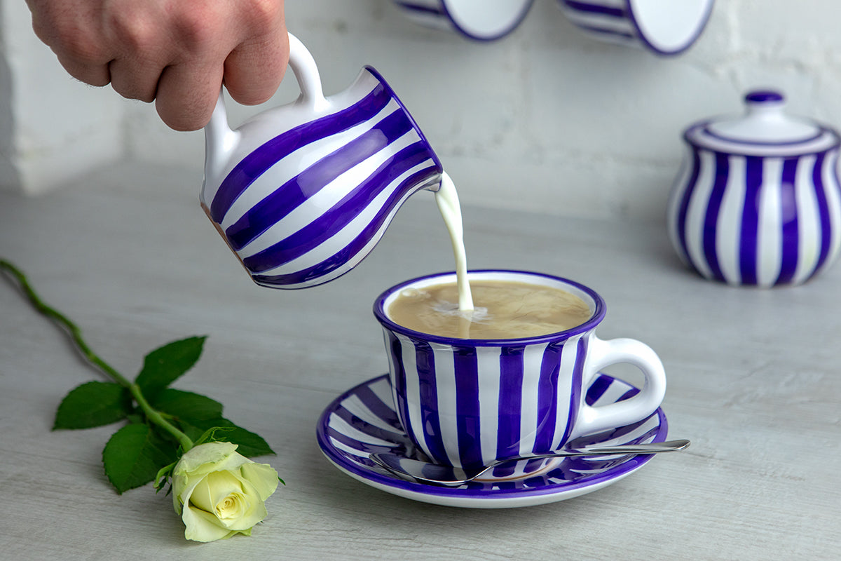 Dark Navy Blue Striped Handmade Hand Painted Ceramic Large Teapot Milk Jug Sugar Bowl Set With 4 Cups and Saucers