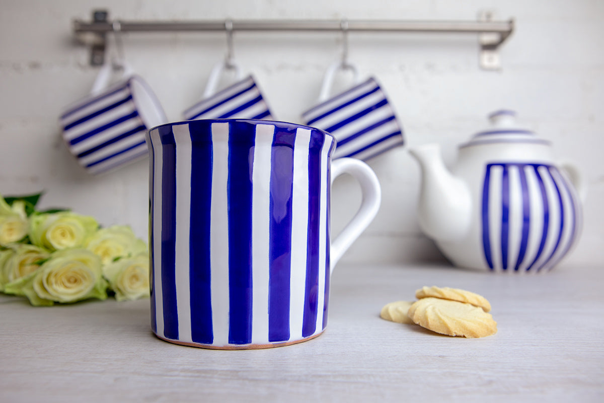 Dark Navy Blue Striped Handmade Hand Painted Ceramic Extra Large 17.5oz-500ml Hot Chocolate Coffee Tea Mug